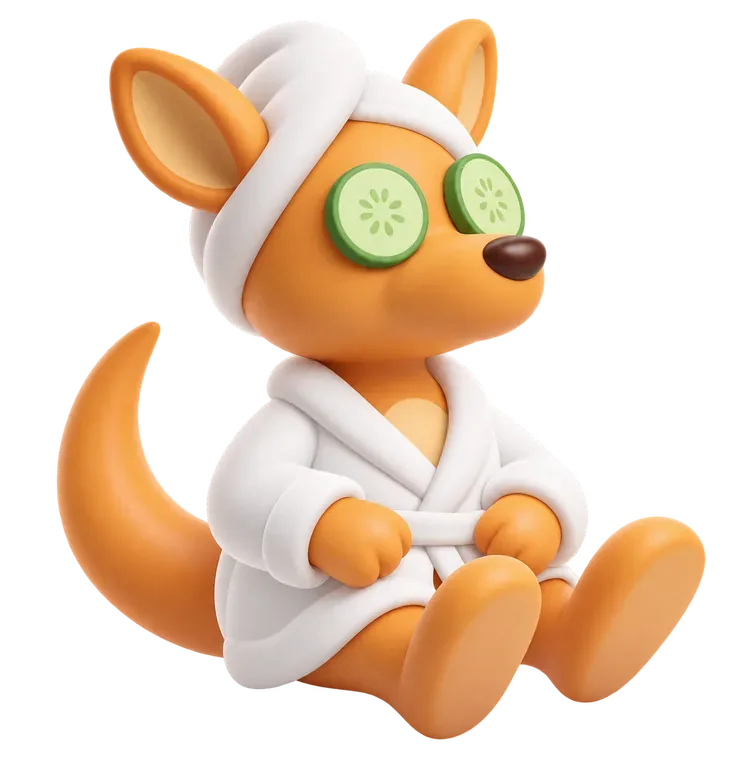 Steppa's kangaroo mascot relaxing in a bathrobe with cucumber slices on its eyes