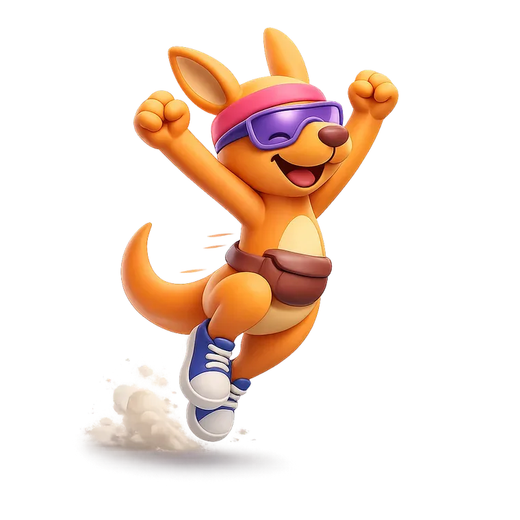 Steppa's kangaroo mascot jumping with both fists up