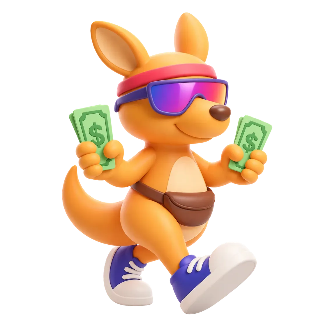 Steppa's kangaroo mascot walking with a cash bill in each hand