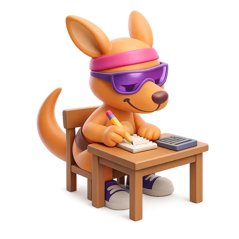 Steppa's kangaroo mascot at a desk, writing notes next to a calculator