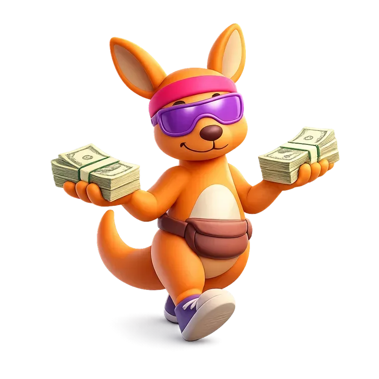 Steppa's mascot walking with a stack of cash in each hand, for a comparison of Steppa and CashWalk