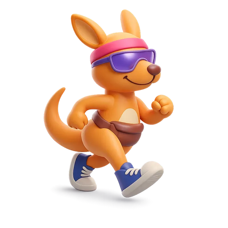 The Steppa kangaroo mascot power-walking in a pink headband, purple sunglasses and sneakers, for a guide to the best apps to lose weight by walking